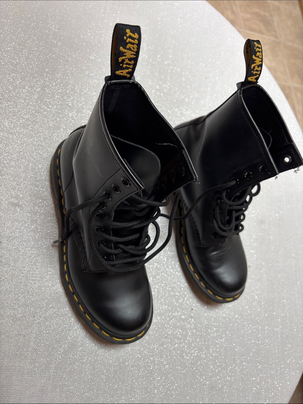 Dr. Martens Black Leather Lace-Up Boots with Yellow Stitching